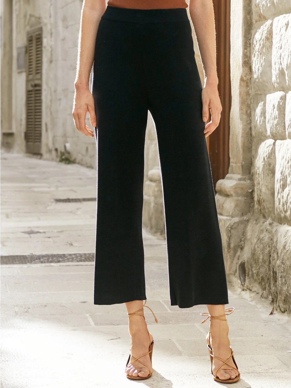 Peruvian Connection Bayard Black Pima Cotton Wide Leg Cropped Knit Pants Size XS